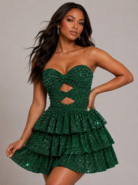 Emerald Green Sequin Strapless Cutout Ruffle Mini Dress