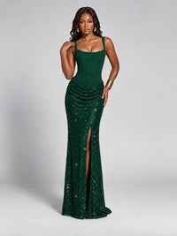 Sequin Corset Mermaid Prom Dress with Square Neck Wide Strap High Slit
