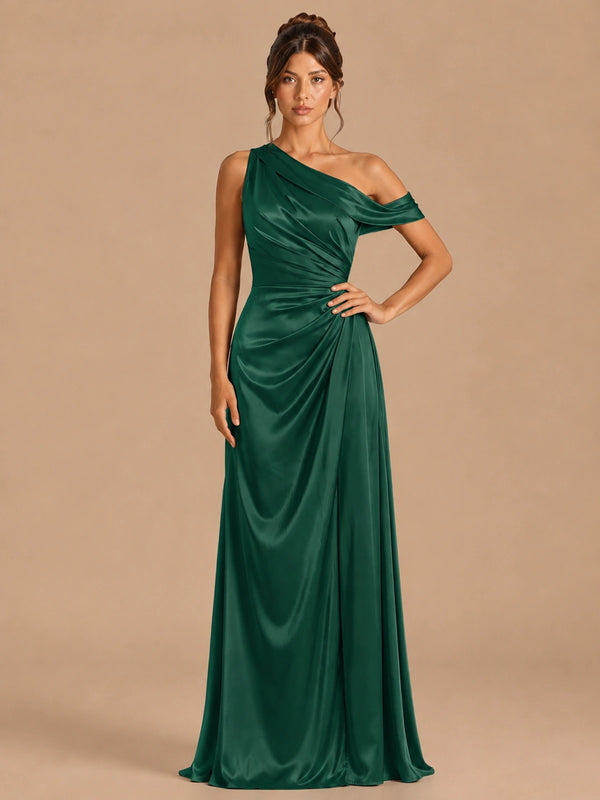 Emerald Green-satin one shoulder prom dress ruched long formal gow Jovelle
