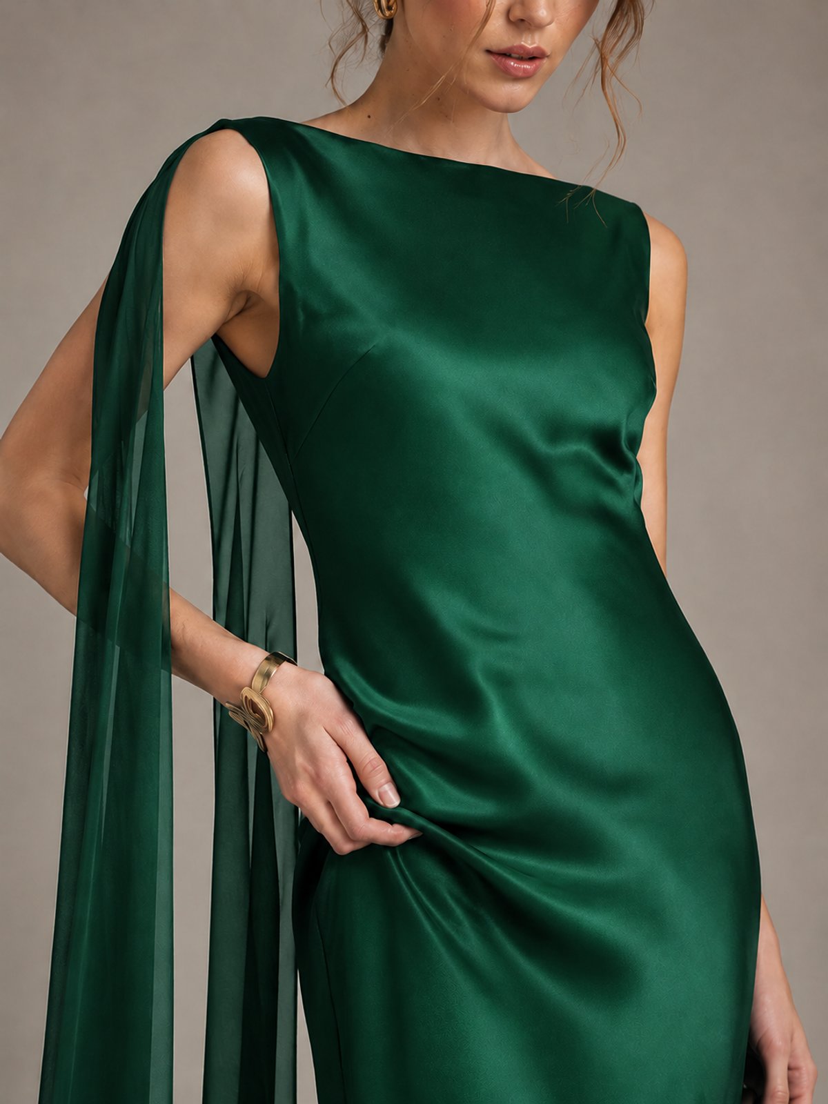 Burgundy Satin Mermaid Cape Maxi Dress