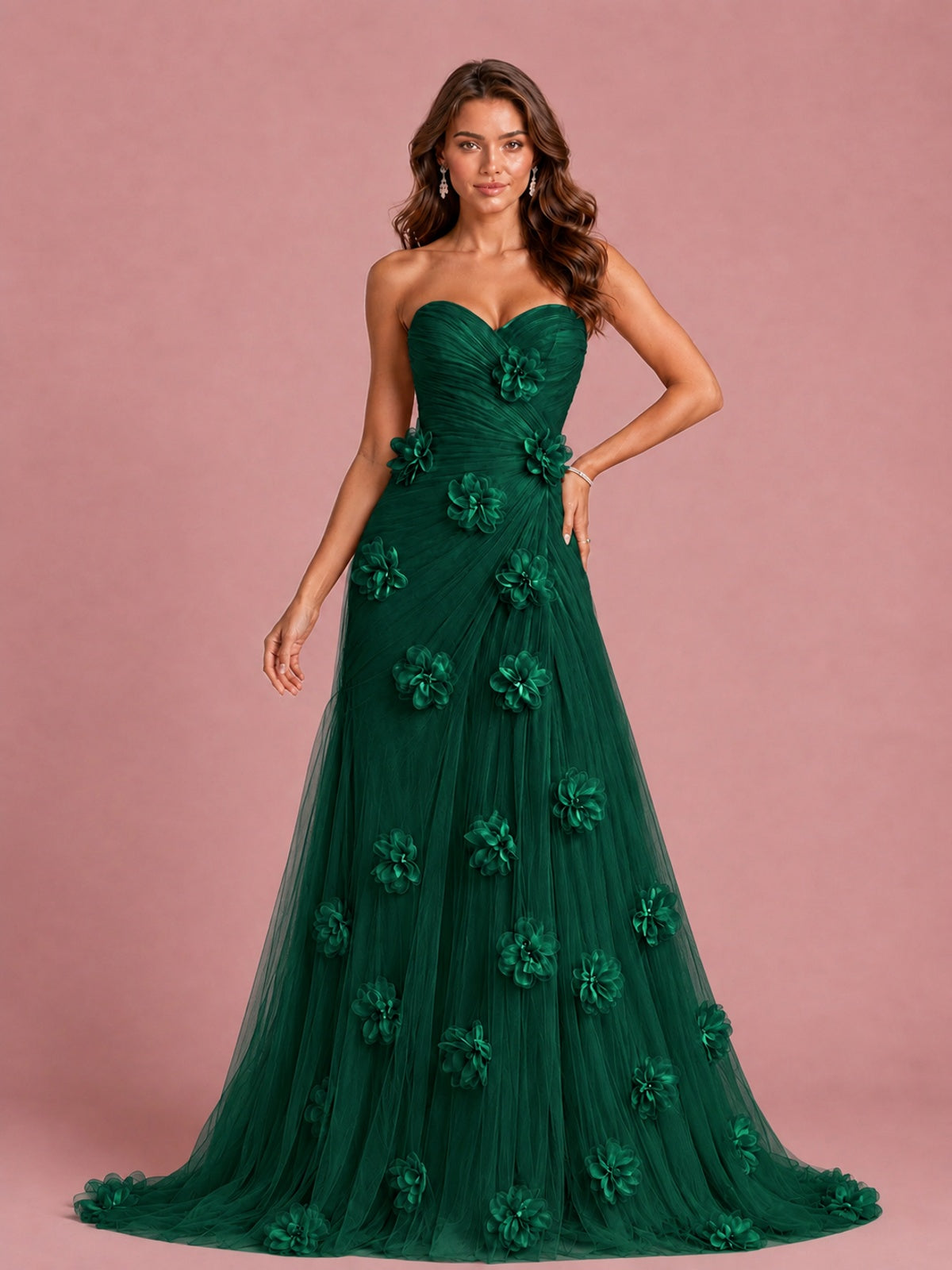 3D Floral Applique Strapless Tulle Prom Dress with High Slit