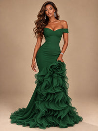 Dusty Blue Off-the-Shoulder Mermaid Prom Dress with 3D Rose & Ruffles