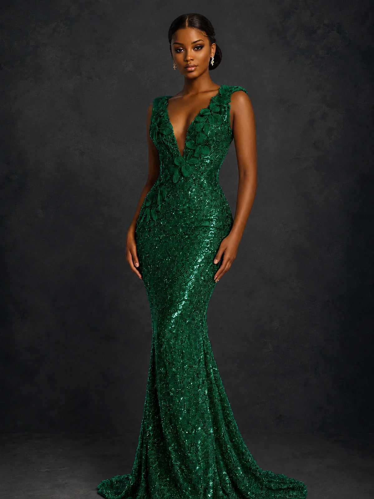 Gold Sequin Floral Applique Mermaid Prom Dress