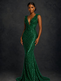Gold Sequin Floral Applique Mermaid Prom Dress
