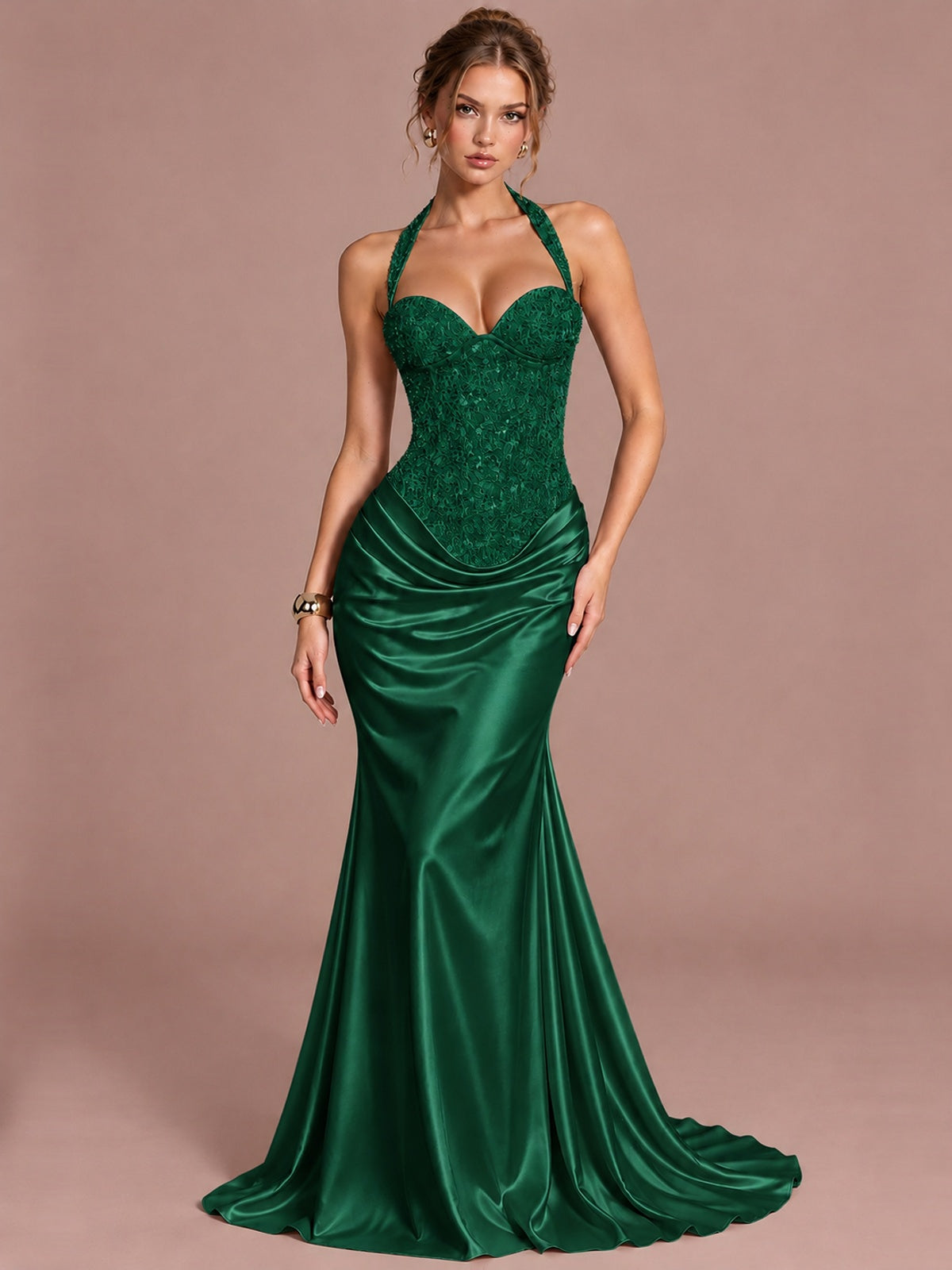 Emerald Green Sparkling Halter Corset Satin Mermaid Prom Dress Long Ruched Sequin Formal Gown Evening Party Dress