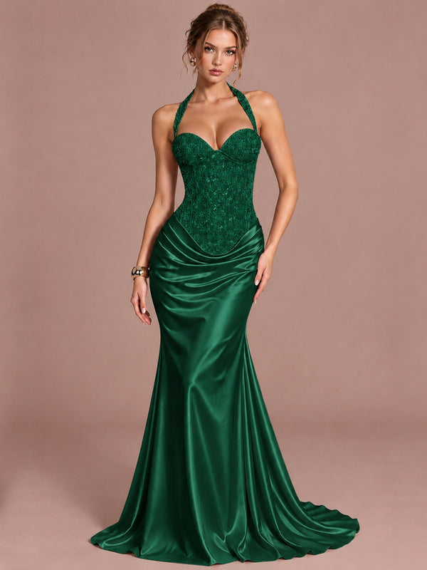 Emerald Green Sparkling Halter Corset Satin Mermaid Prom Dress Long Ruched Sequin Formal Gown Evening Party Dress