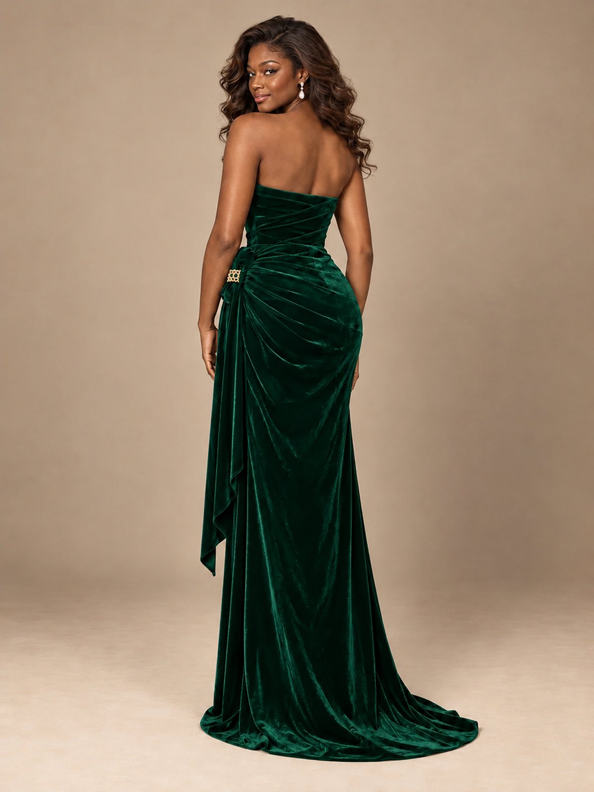 Burgundy Velvet Strapless Ruched Prom Dress with Jeweled Side Drape