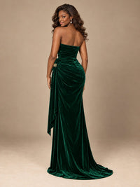 Burgundy Velvet Strapless Ruched Prom Dress with Jeweled Side Drape