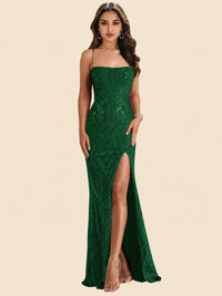 Sequin Lace Appliques Mermaid Prom Dress Spaghetti Strap Formal Gowns with Slit