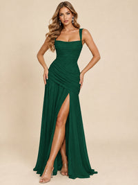 Wrap Pleated Prom Dress Scoop Neck with Slit Women Wedding Formal Dress