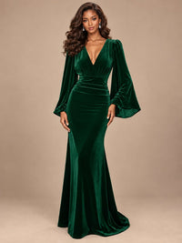 Burgundy Velvet Deep V-Neck Ruched Long Sleeve Maxi Dress