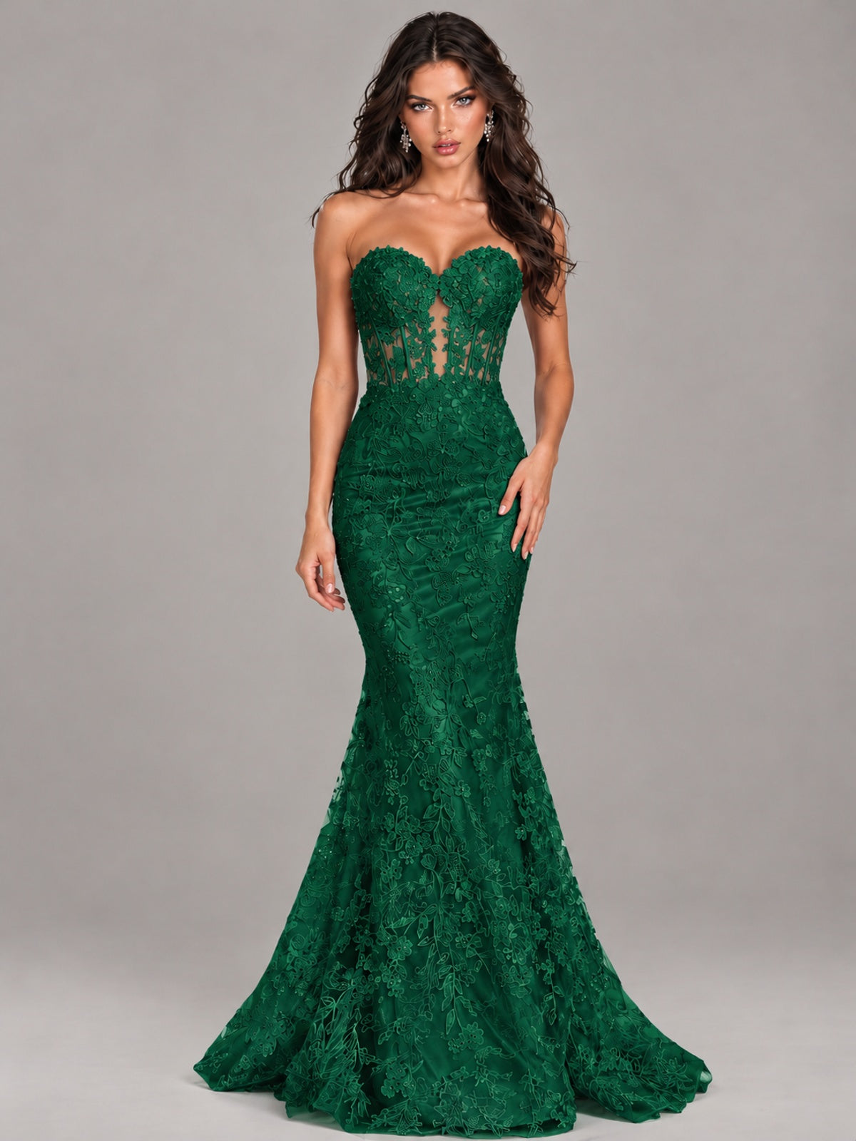Strapless Corset Mermaid Prom Dress Lace Appliqué Formal Gown