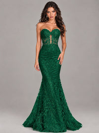 Strapless Corset Mermaid Prom Dress Lace Appliqué Formal Gown