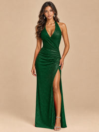 Emerald Green-Blush Pink Halter V-Neck Sequin Mermaid Prom Dress with High Slit Jovellee