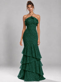 Halter Tiered Mermaid Prom Dress with Sparkly Lace