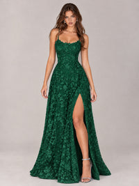 Floral Lace A-Line Prom Dress with Spaghetti Straps & High Slit