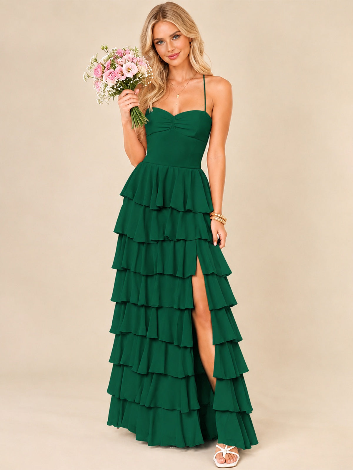 Ruffled Tiered Chiffon Prom Dress Spaghetti Straps Formal Maxi Dress with Slit