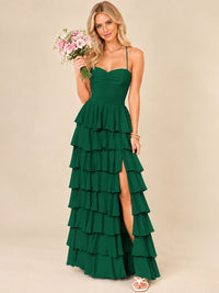 Ruffled Tiered Chiffon Prom Dress Spaghetti Straps Formal Maxi Dress with Slit