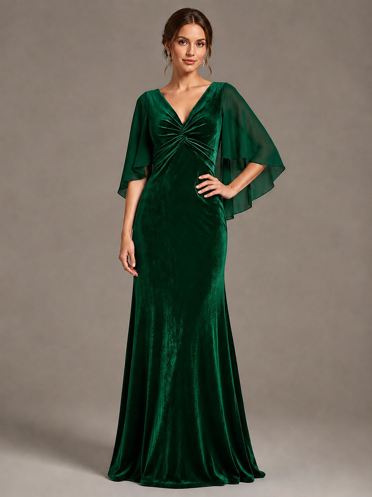Navy Blue Velvet V Neck Mermaid Formal Dress with Flutter Cape Sleeves