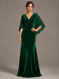 Navy Blue Velvet V Neck Mermaid Formal Dress with Flutter Cape Sleeves