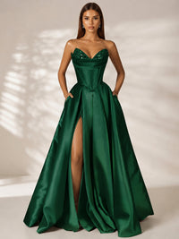 Strapless Corset Satin Prom Dress Long Evening Gown with High Slit