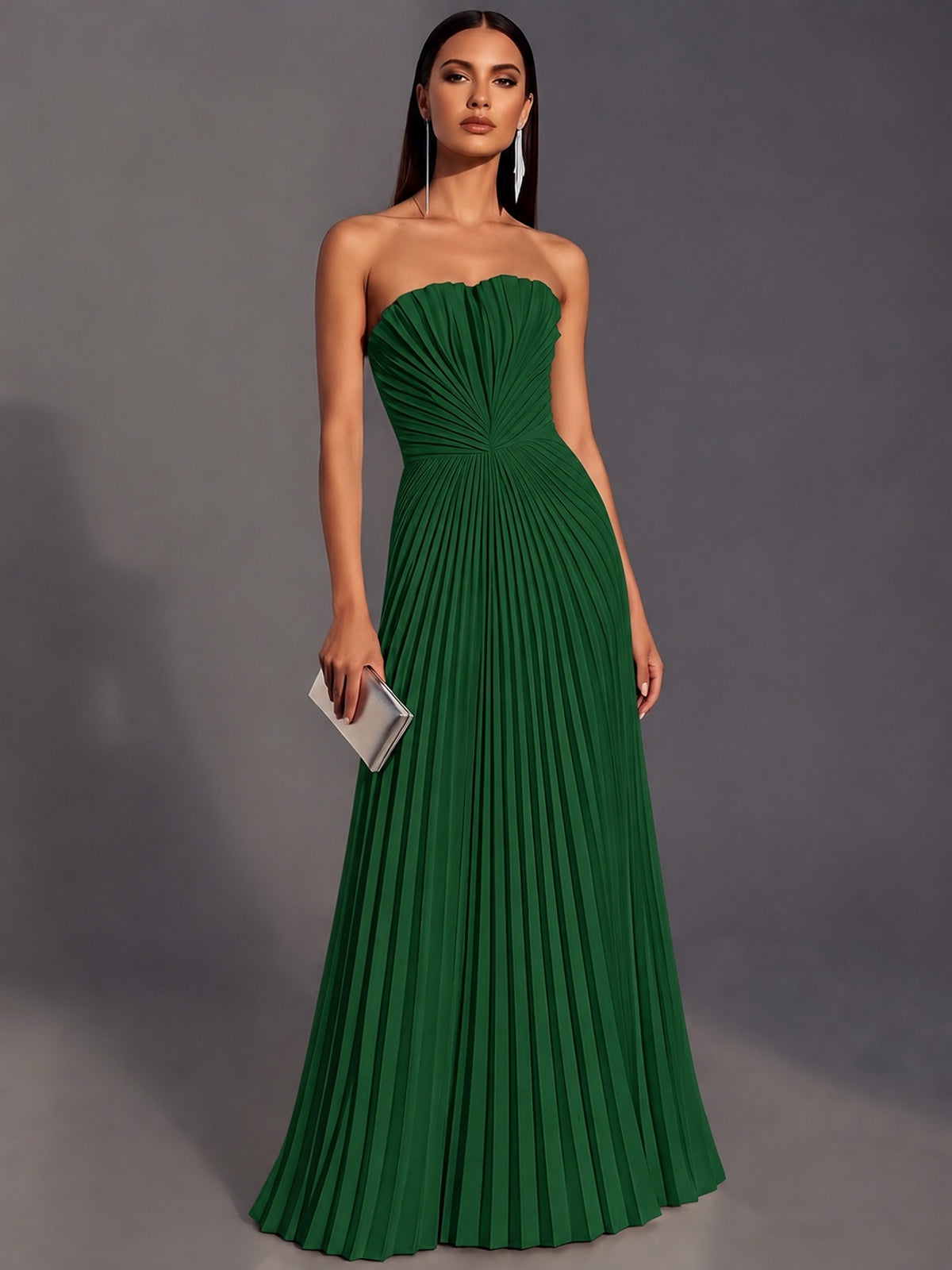 Emerald Green Strapless Pleated Satin Prom Dress Long Formal Gown Evening Dress