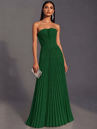 Emerald Green Strapless Pleated Satin Prom Dress Long Formal Gown Evening Dress