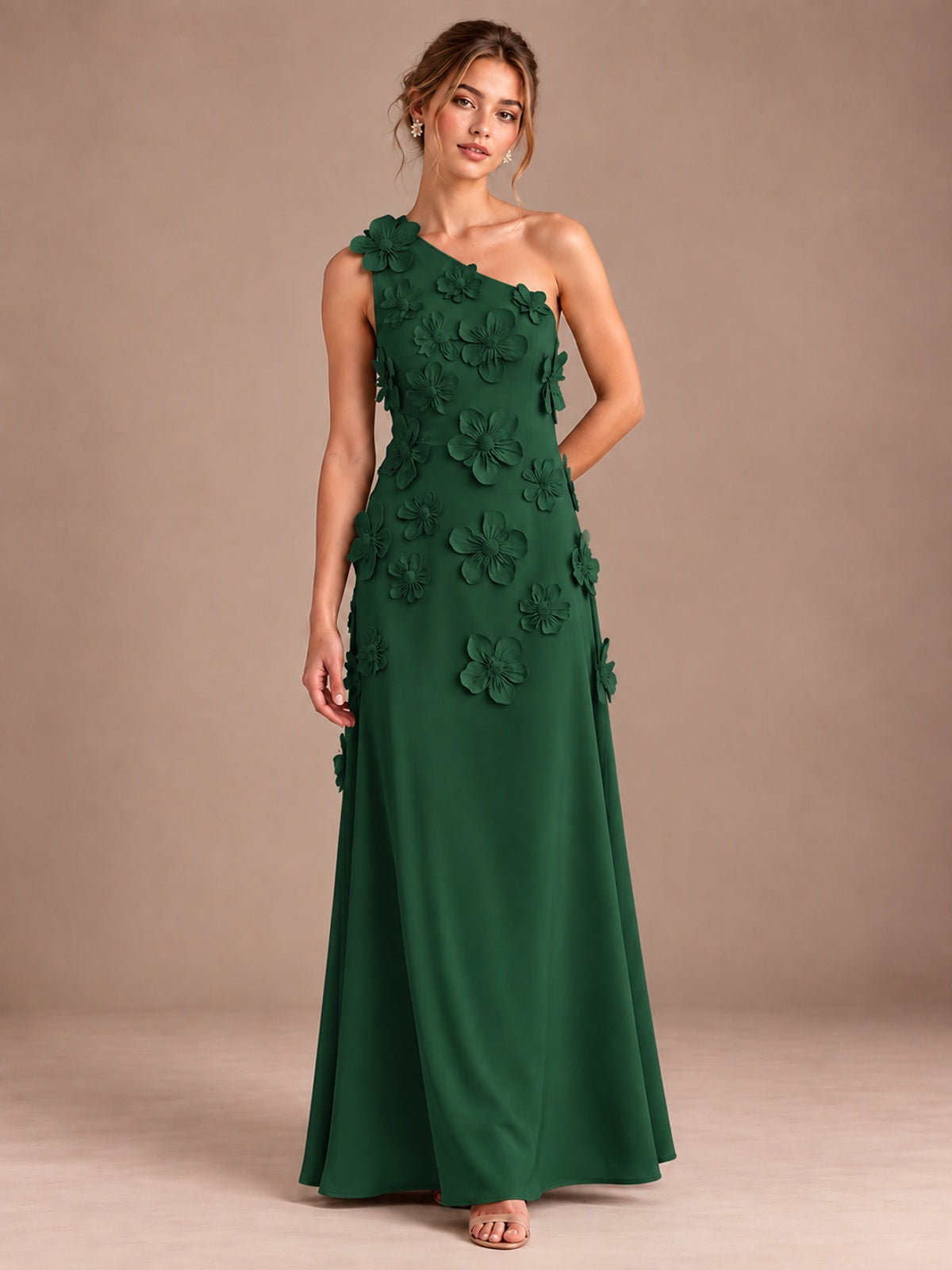 Emerald Green- One Shoulder Satin Formal Maxi Dress with 3D Floral