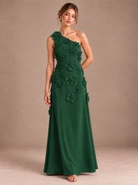 Emerald Green- One Shoulder Satin Formal Maxi Dress with 3D Floral