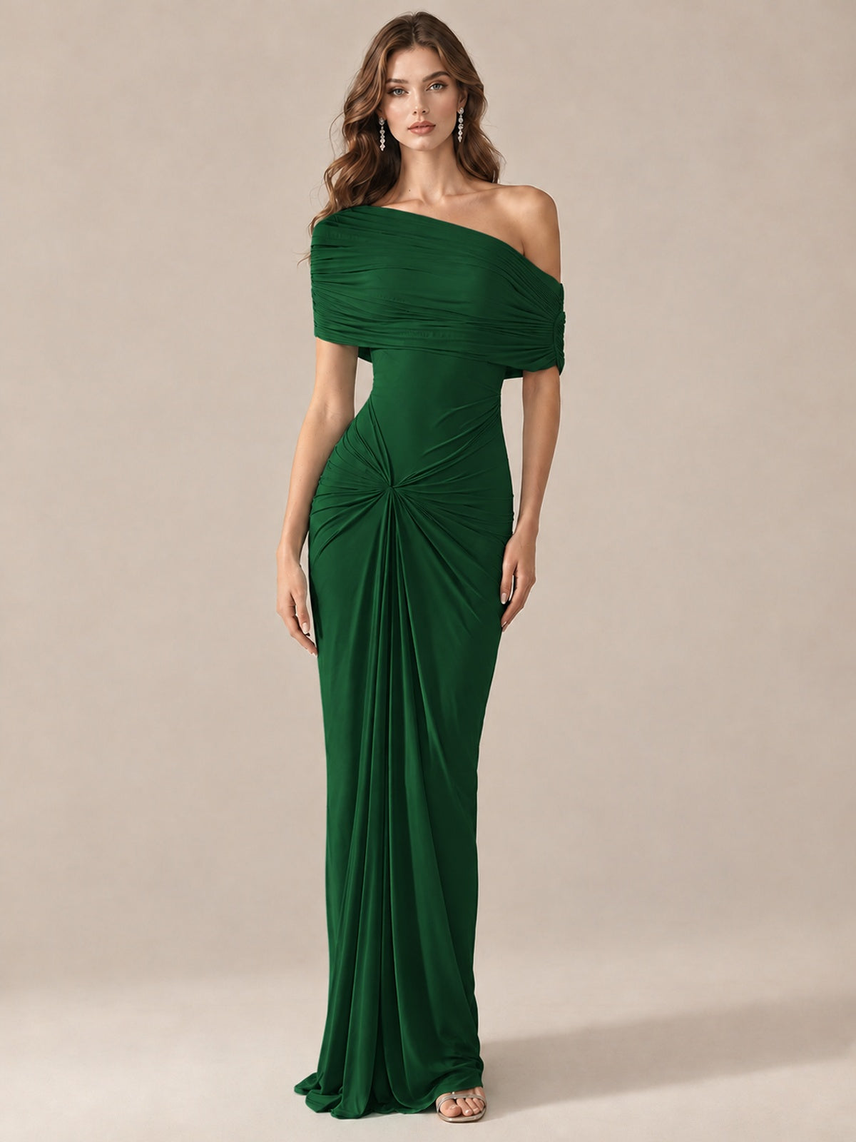 Elegant Draped Off Shoulder Ruched Mermaid Chiffon Formal Evening Gown