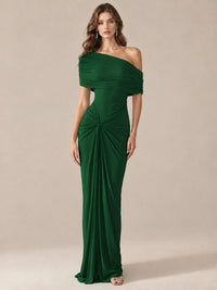 Elegant Draped Off Shoulder Ruched Mermaid Chiffon Formal Evening Gown