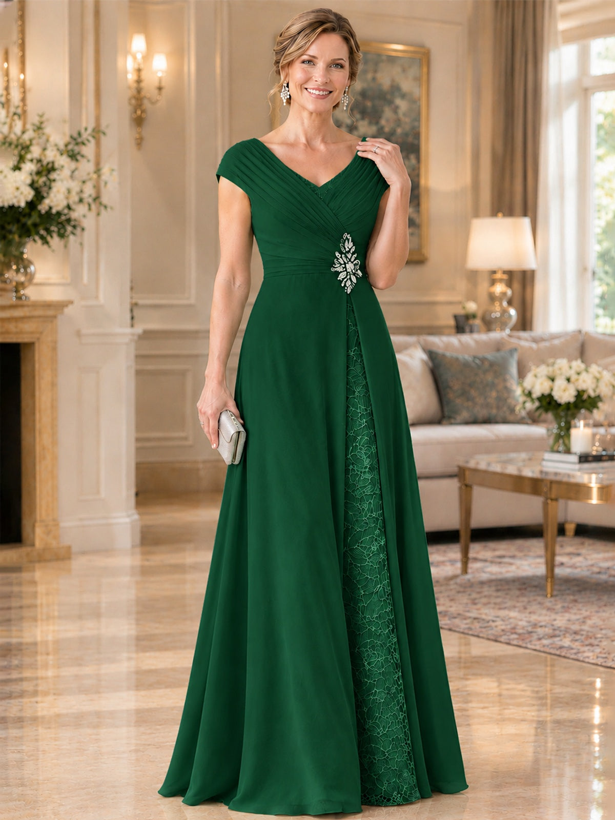 Pleated Chiffon Lace Mother of The Bride Dresses with Beading Cap Sleeves