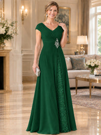 Pleated Chiffon Lace Mother of The Bride Dresses with Beading Cap Sleeves
