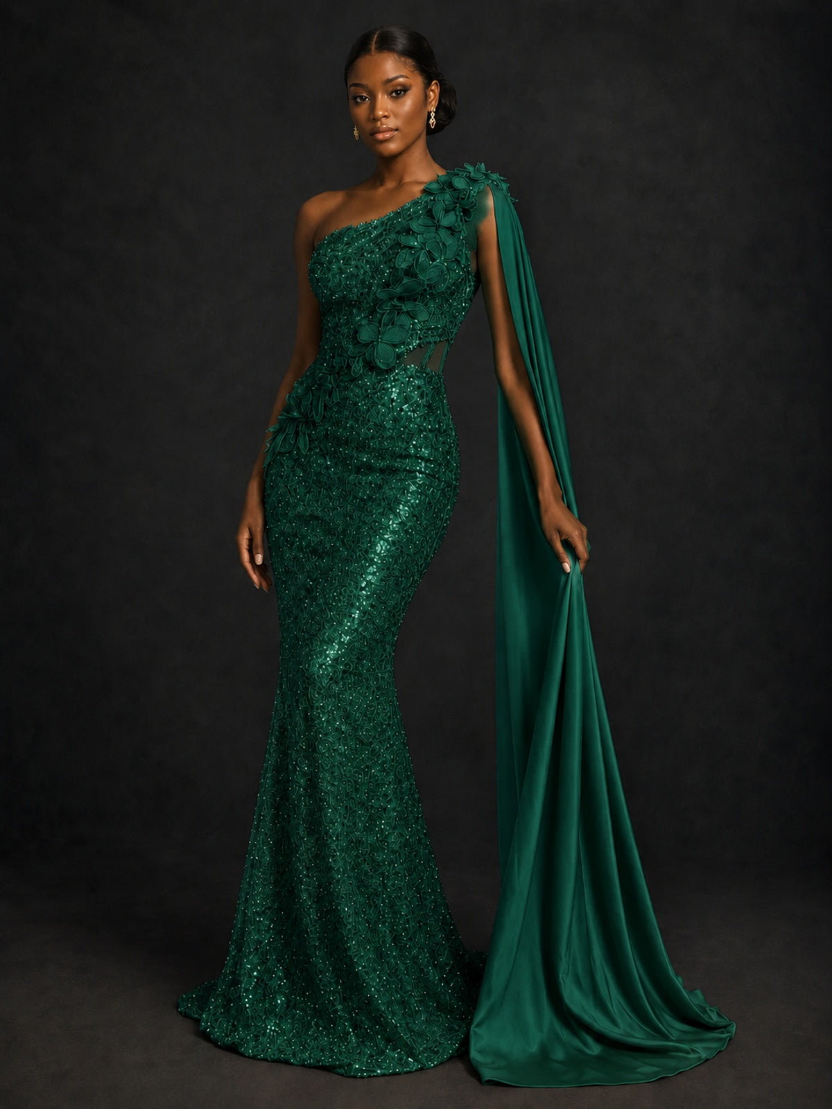 Gold Sequin One Shoulder Mermaid Prom Dress with Cape