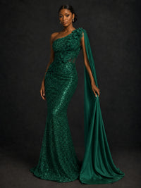 Gold Sequin One Shoulder Mermaid Prom Dress with Cape