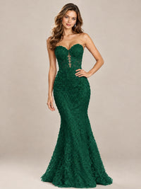 Strapless Corset Mermaid Prom Dress with Floral Lace Appliqué