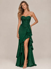 Strapless Lace Appliques Corset Satin Prom Dress Ruffle Slit Evening Gown