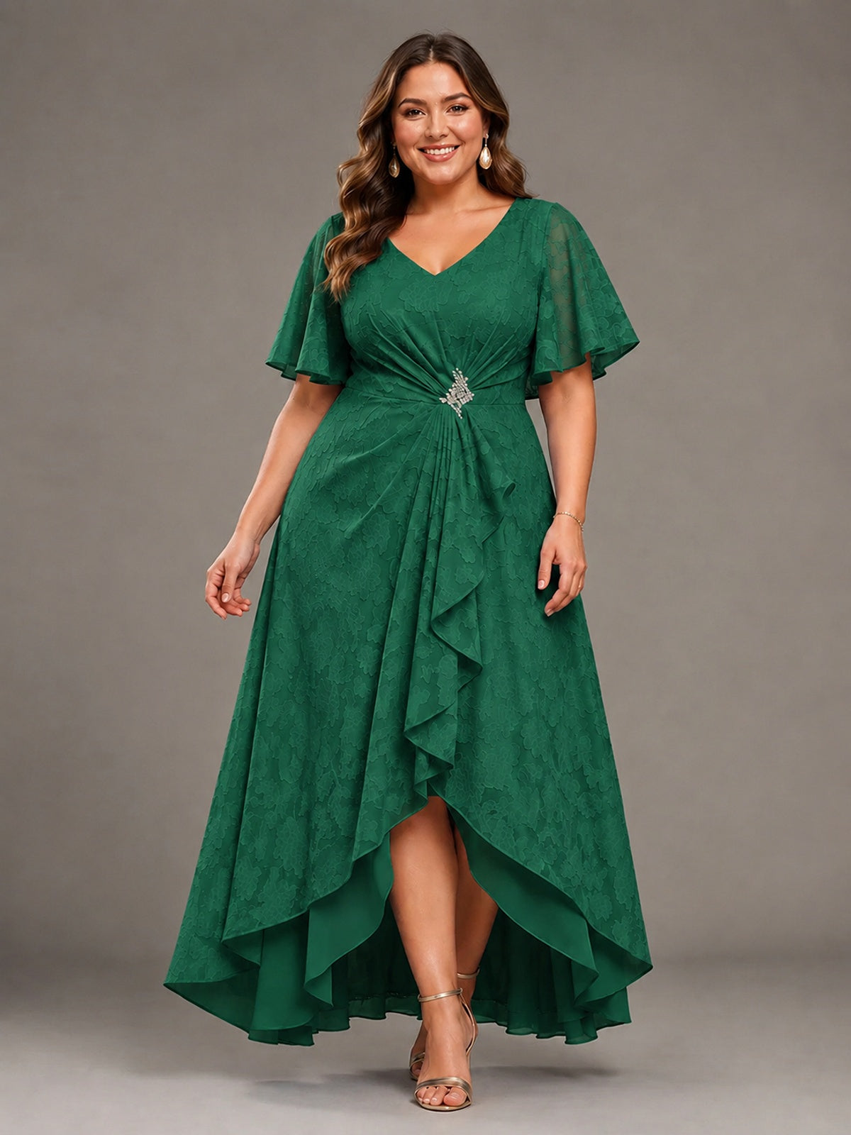 Jacquard Chiffon A-Line V-Neck High-Low Mother of the Bride Dress
