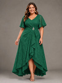 Jacquard Chiffon A-Line V-Neck High-Low Mother of the Bride Dress