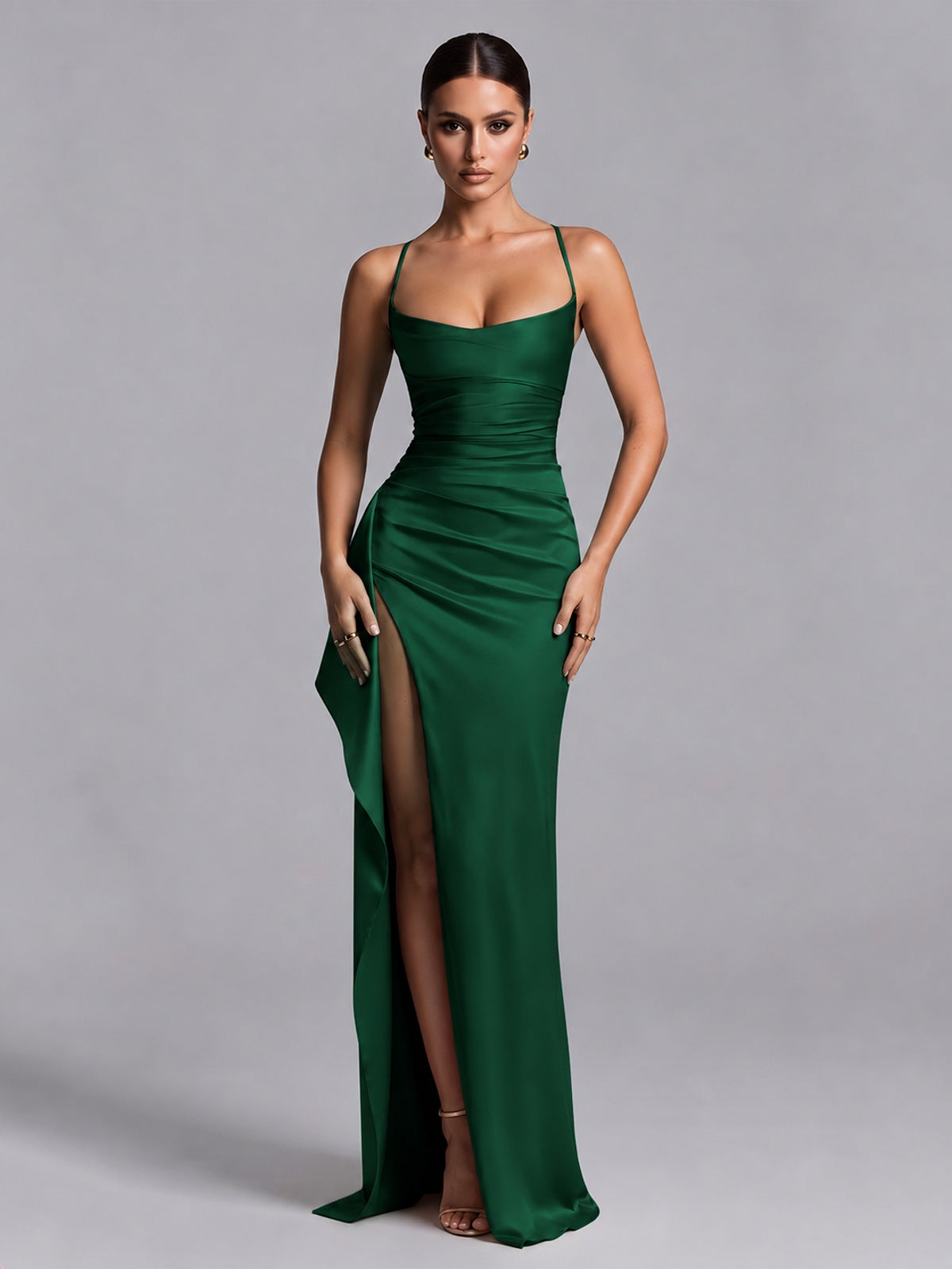 Emerald Green Squre Neck Pleated Satin Prom Dresses for Teens Women Long Evening Formal Gown with Slit Ruffles