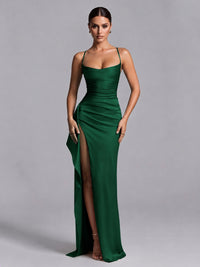 Emerald Green Squre Neck Pleated Satin Prom Dresses for Teens Women Long Evening Formal Gown with Slit Ruffles
