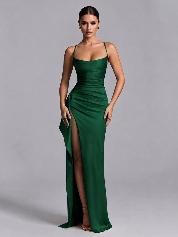 Emerald Green Squre Neck Pleated Satin Prom Dresses for Teens Women Long Evening Formal Gown with Slit Ruffles