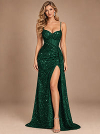 Burgundy Sequin Corset Prom Dress with High Slit