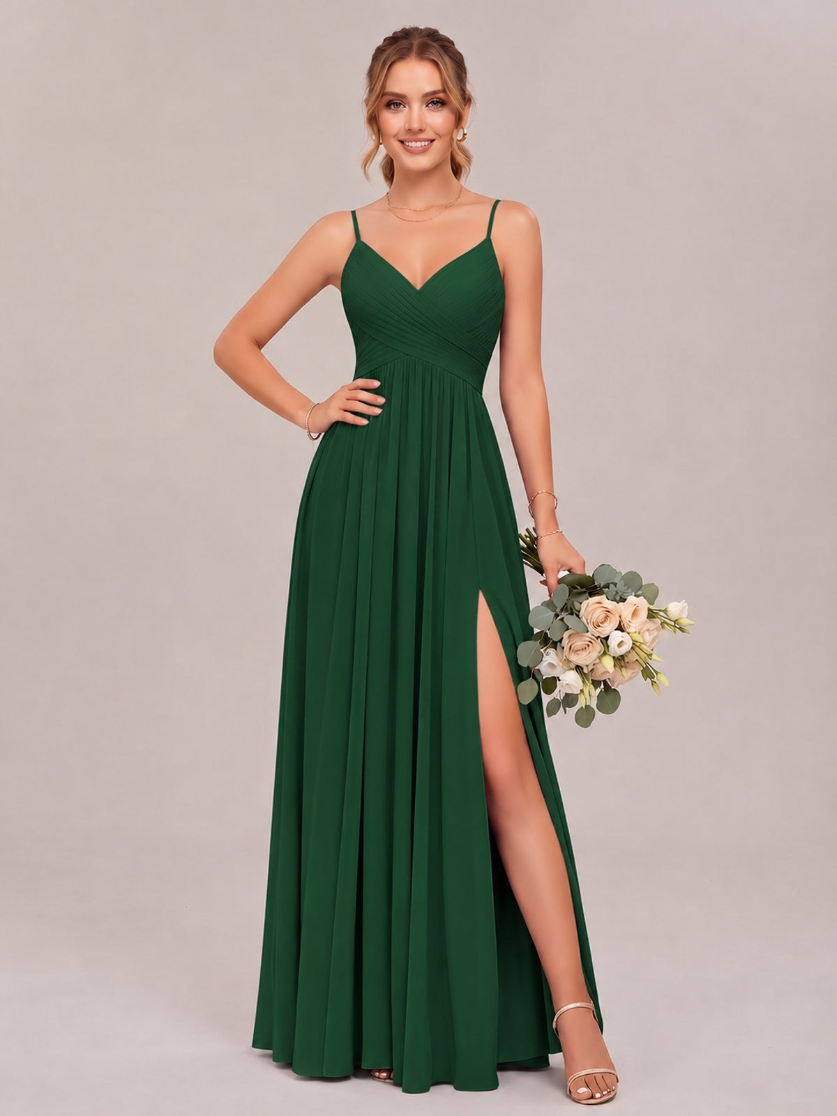 Emerald Green Spaghetti Straps Pleated Chiffon Bridesmaid Dress with Slit V-Neck A-line Long Formal Evening Wedding Guest Gown