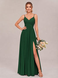 Emerald Green Spaghetti Straps Pleated Chiffon Bridesmaid Dress with Slit V-Neck A-line Long Formal Evening Wedding Guest Gown