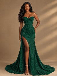 Beaded Sequin Prom Dress Strapless Formal Gowns with High Slit Train