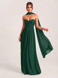 Emerald Green Strapless Ruched Chiffon Long Prom Dress with Scarf A-line Sweetheart Ruffled Formal Wedding Guest Dress Evening Gown