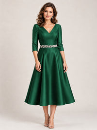 Emerald Green V-Neck Tea-Length Mother of the Bride Dress with Embellished Waist