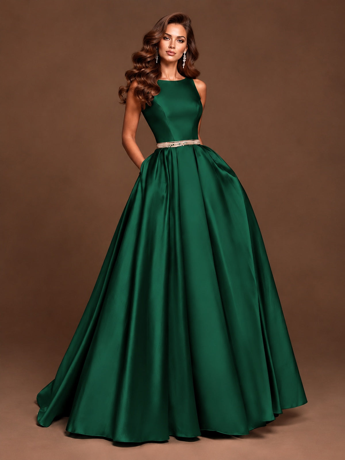 Satin A-Line Prom Dress Sleeveless Beaded Waist Formal Gown with Pockets