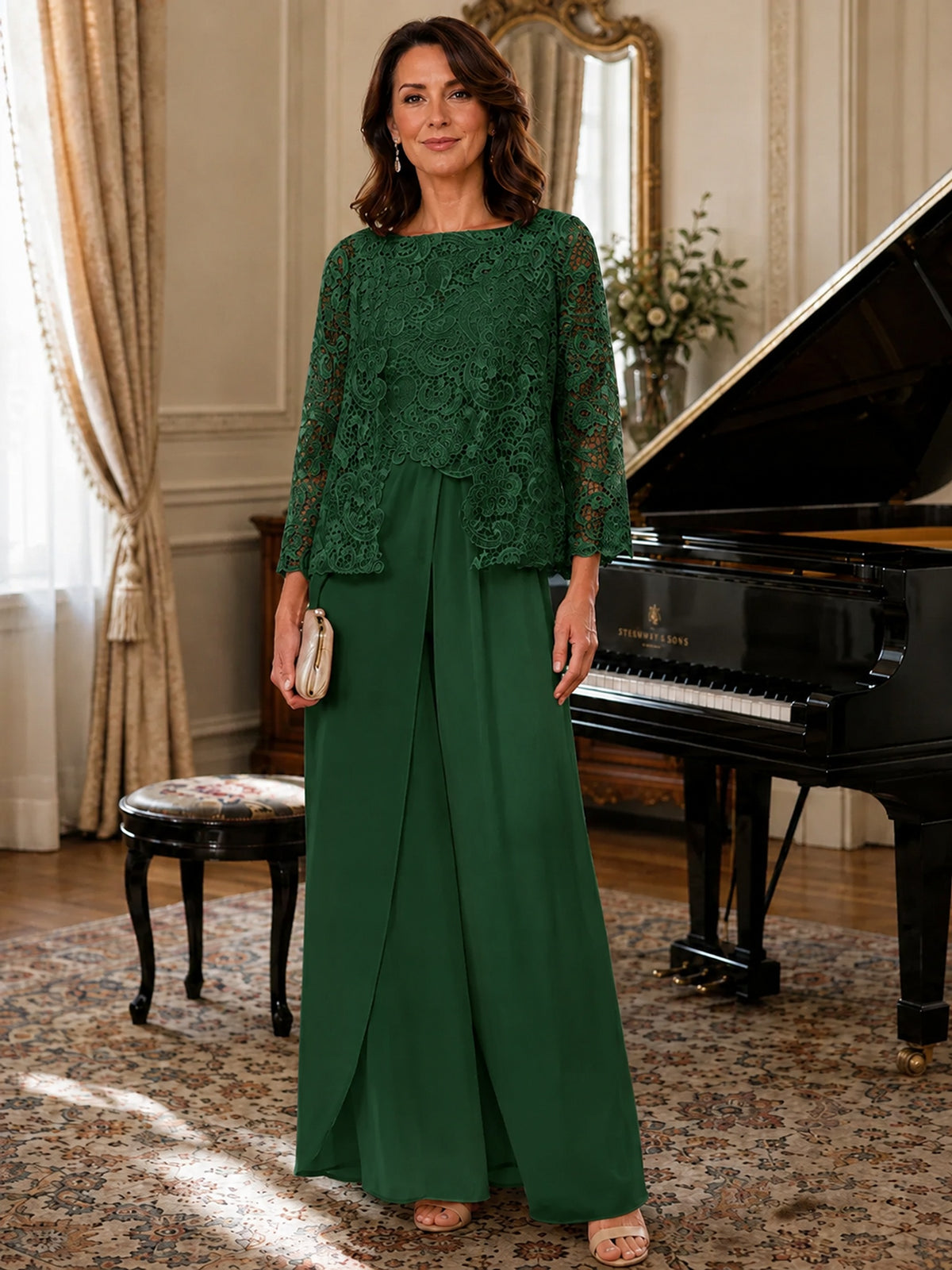 Elegant 3-Piece Chiffon Mother of the Bride Pantsuit with Floral Applique Jacket